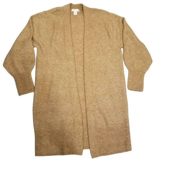 H&M Long Open Knit Cardigan Tan Wool XS Women Sweater Oversized Balloon Sleeves - Picture 1 of 13